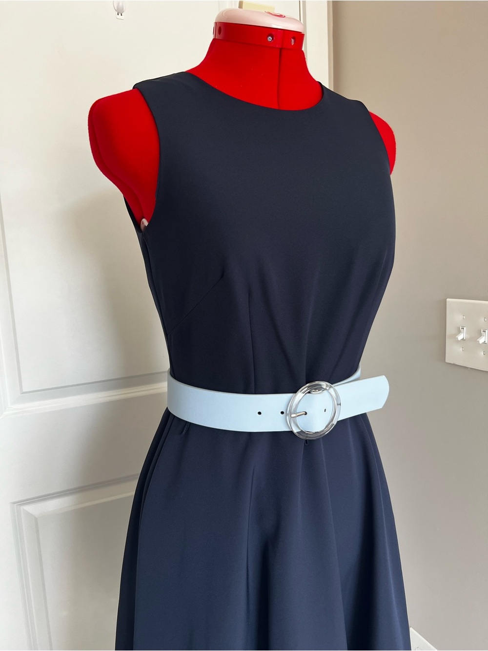 Vince Camuto Navy and Light Blue Sleeveless Midi Dress with Belt